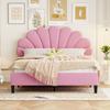 Upholstered Double Bed 140 x 200 cm, Frame with Flower-Shaped Headboard and Slatted Frame, Adult-Youth in Skin-Friendly Velvet Fabric, Guest Bed Pink