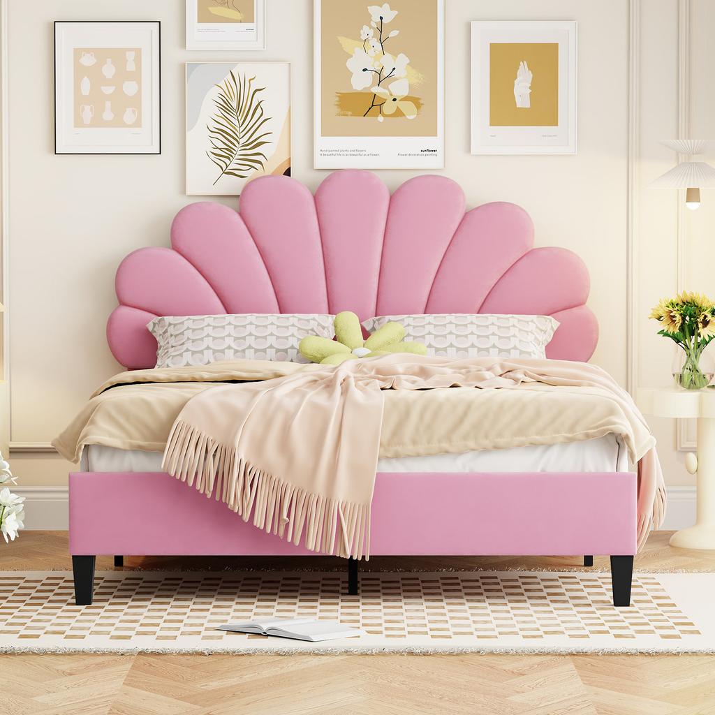 Upholstered Double Bed 140 x 200 cm, Frame with Flower-Shaped Headboard and Slatted Frame, Adult-Youth in Skin-Friendly Velvet Fabric, Guest Bed Pink