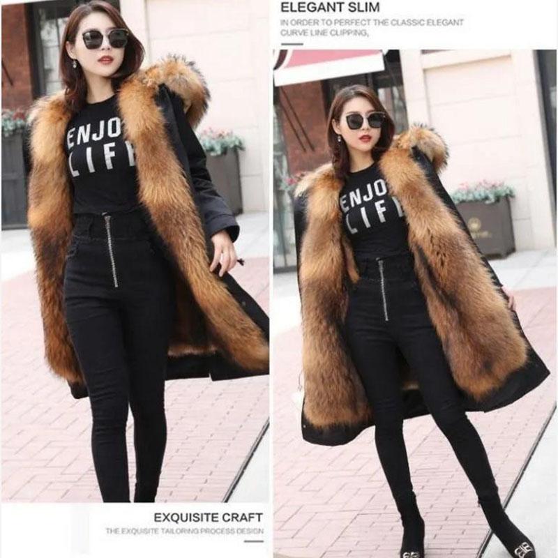 Женские зимние парки средней длины, съемная подкладка из меха енота, утепленное пальто из искусственного меха, женская куртка с капюшоном на меху, большие размеры