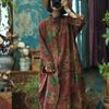 Johnature Women Vintage Print Floral Dress Stand Long Sleeve Red Linen Chinese Style Autumn Women A-Line Dress