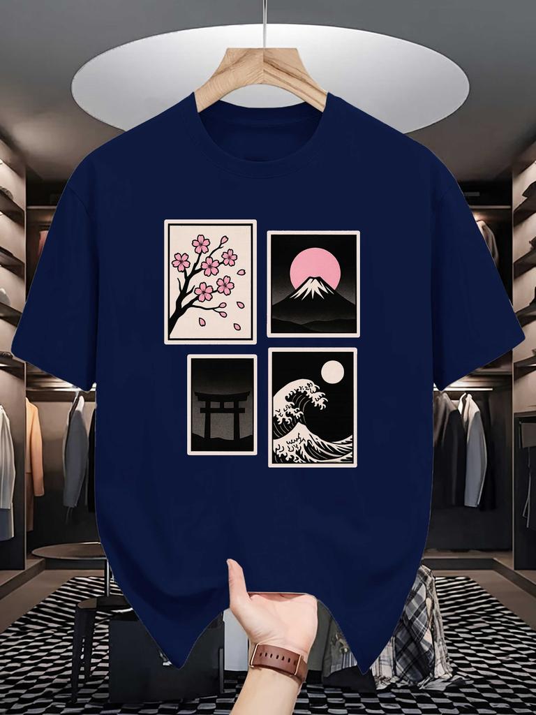Unisex Crew Neck Tee Japan Ukiyo Landscape Art Graphic Print Soft Cotton Loose Short Sleeve Summer Casual Male Streetwear Tops