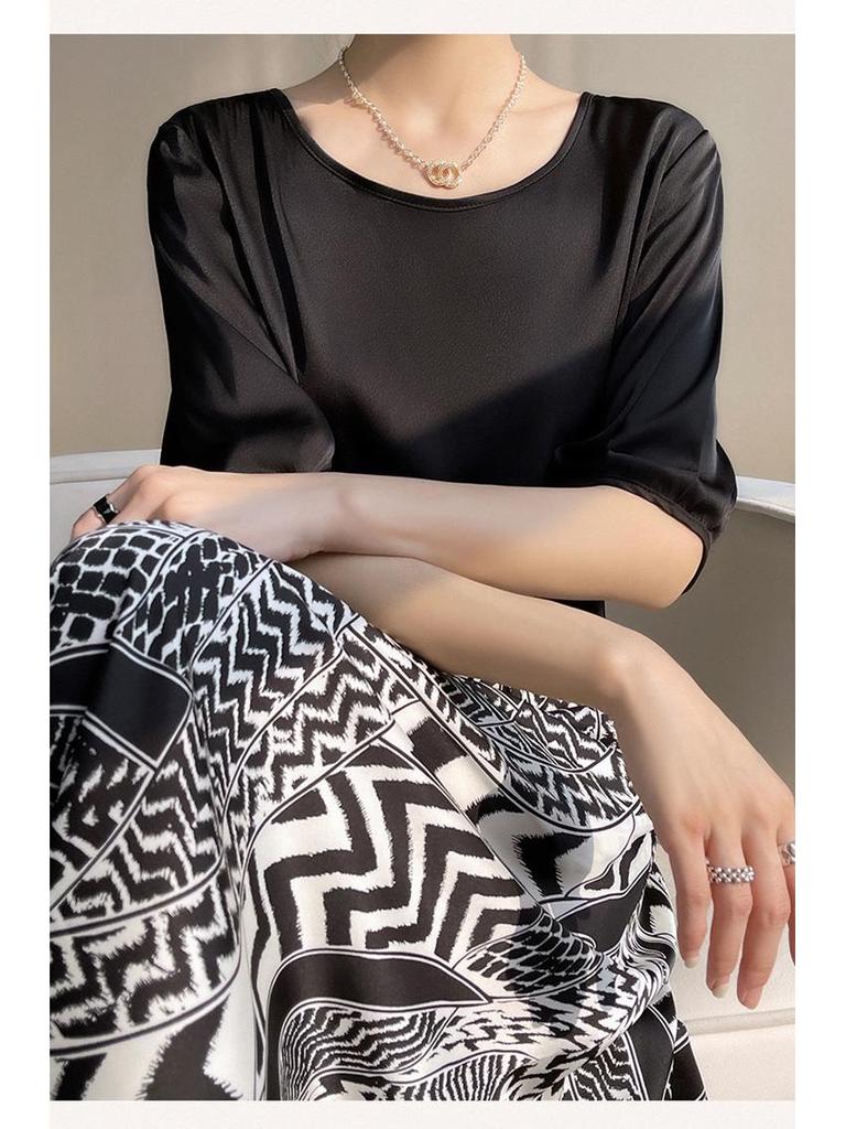 Breathable Silk Women's Round Neck Loose Solid Color Acetate Satin T-Shirt (2024 Spring/Summer Collection)