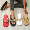 New Plus Size Herringbone Slippers Women Flat Beach Shoes 2024 Summer Vintage Metal Chain Platform Women‘s Flip-Flops Sandals