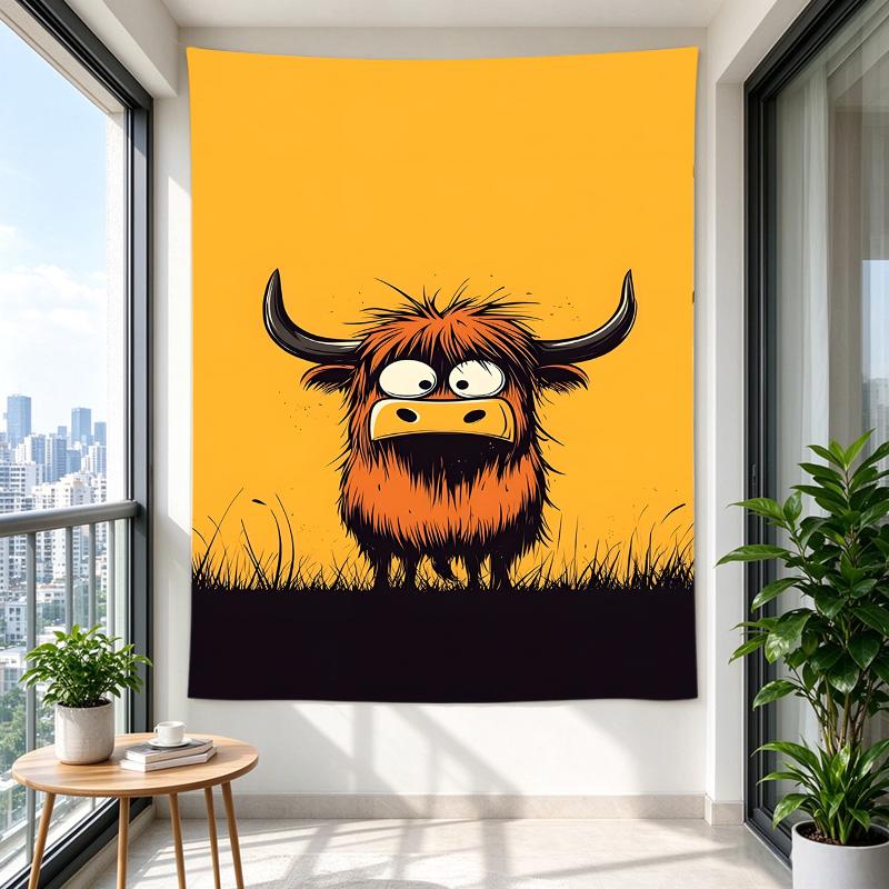 Hanging Tapestry for Wall Decor Cartoon Shaggy Highland Cow with Big Horns on Bright Yellow Background for Adult Whimsical Decor