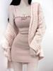 Pink French Vintage Two Piece Set Women Warm Japanese Sweet Knitted Dress Suit Female Elegant Bow Korean Fashion Ruched Set 2024