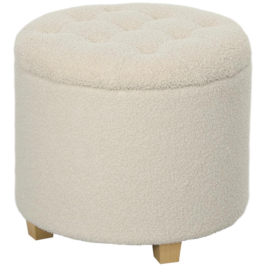 Round ottoman with storage space, lid and wooden legs, footstool for living room, hallway, bedroom, cream white