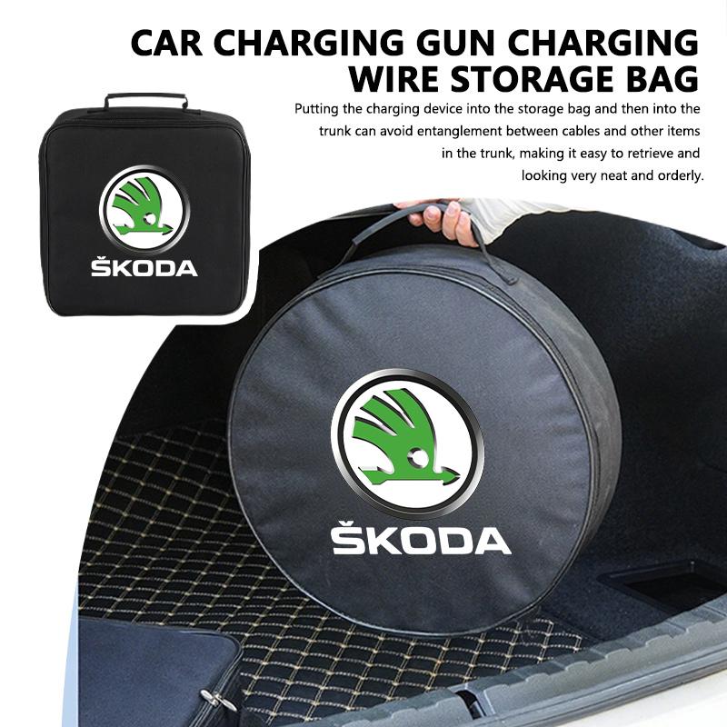 Car Logo Cable Case Charging Gun Storage Bag Waterproof Cable Organizer For Skoda Kamiq MK3 Roomster Rapid Kodiaq Karoq Fabia JC6