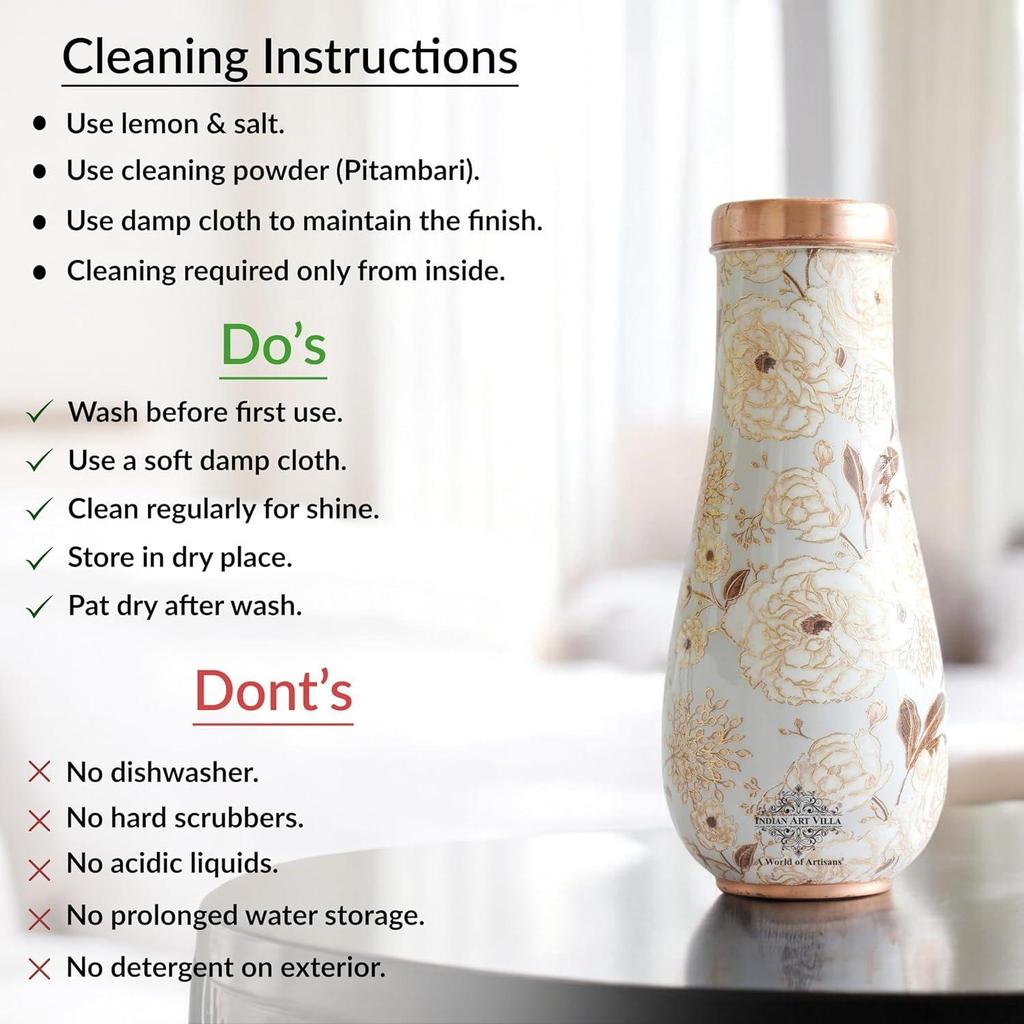 Gold Flower Print Bedroom Bottle – Designer Copper Drinkware, Elegant Copper Water Bottle for Everyday Use, Volume- 1500 ML