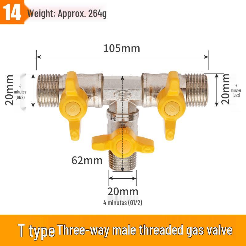 Telu Copper Gas Pipe Tee Valve, Y-Type 4-Point Ball Valve, One-in-Two Natural Gas Switch