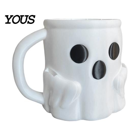 Halloween Party Drinkware Ice Cream Mug with Spoon Holder, 3D Printed Cute Ghost Mug, Shaped Coffee Drinking Cup Pen Holder Decor, Christmas Birthday