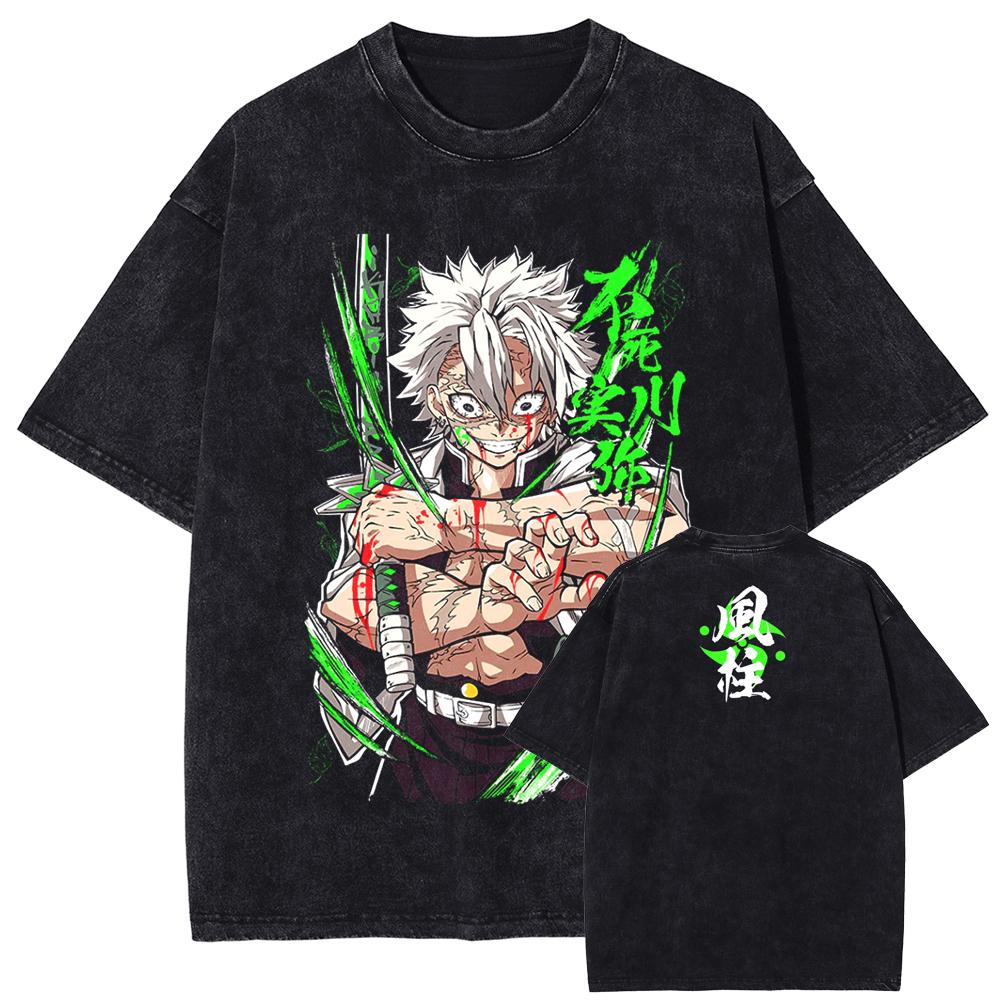 Anime Demon Slayer Tokitou Muichirou Graphic Washed Tee Men Casual Loose Tshirts Manga Cotton T Shirt Harajuku Male T-shirt