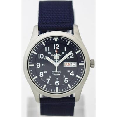 Мужской SNZG11J1 (Seiko5 Sports 5 с автоподзаводом, желтый нейлон, темно-синий) Круглые часы из черной нержавеющей стали