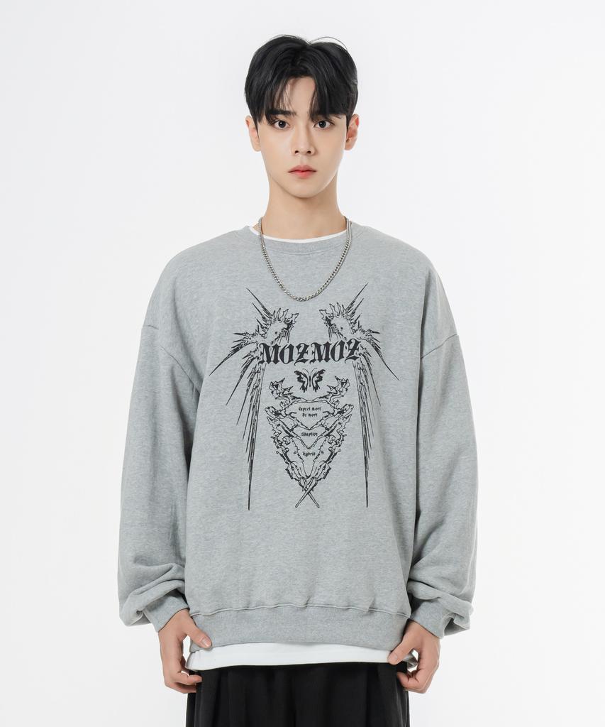 MOZMOZ Soft French Terry Neo Tribal Oversized Sweatshirt Gray