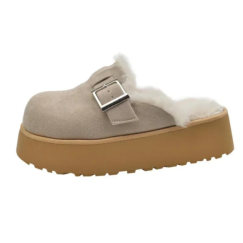 Новые меховые зимние тапочки женские кожаные мулы на платформе тапочки длинные плюшевые теплые мягкие домашние шлепанцы с пряжкой на ремне обувь 2024