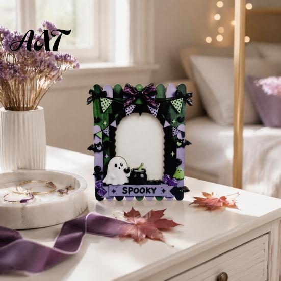 Lightweight Wood Frame Halloween Wooden Photo Frame, Cute Ghost Butterfly Cat Tabletop Decor Home Office Decoration with Stand, Sweet Kawaii