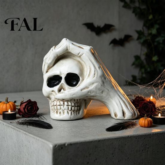 Spooky Secret Room Props Halloween Skull Hand Sculpture, Gothic Skeleton Head Figurine, Resin Creative Tricky Festival Gift Decoration for Bedroom