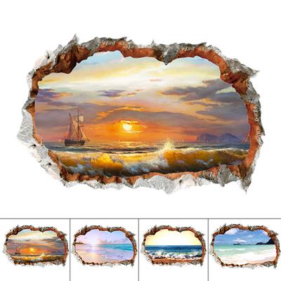 Наклейки на стену ( дыра, океан, пляж). водонепроницаемые 3 D