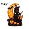 Magical Tabletop Sculpture Halloween Witch on Crescent Moon Decorative Light, Gothic Resin Ornament Lamp, Figurine for Home Spooky Seasonal