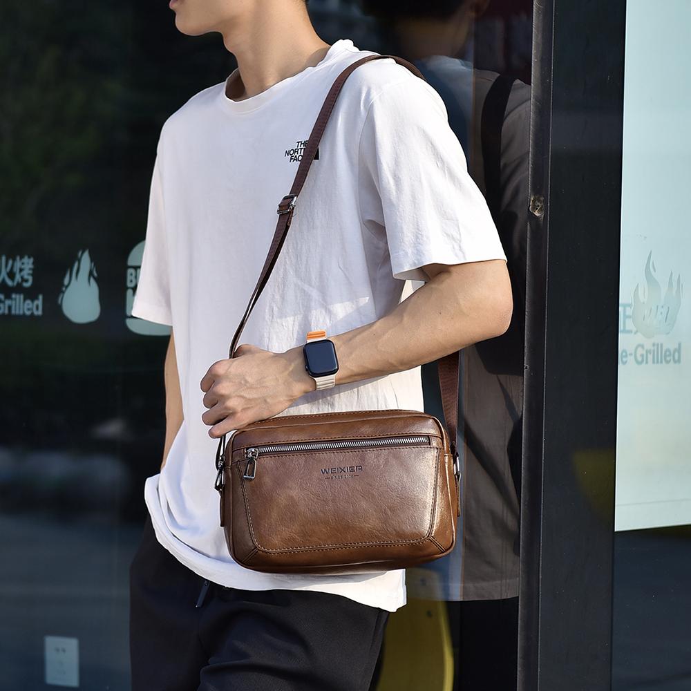 WEIXIER Men's Leather Crossbody Shoulder Bag Waterproof Bag Briefcase Satchel Bag Casual Travel Bag
