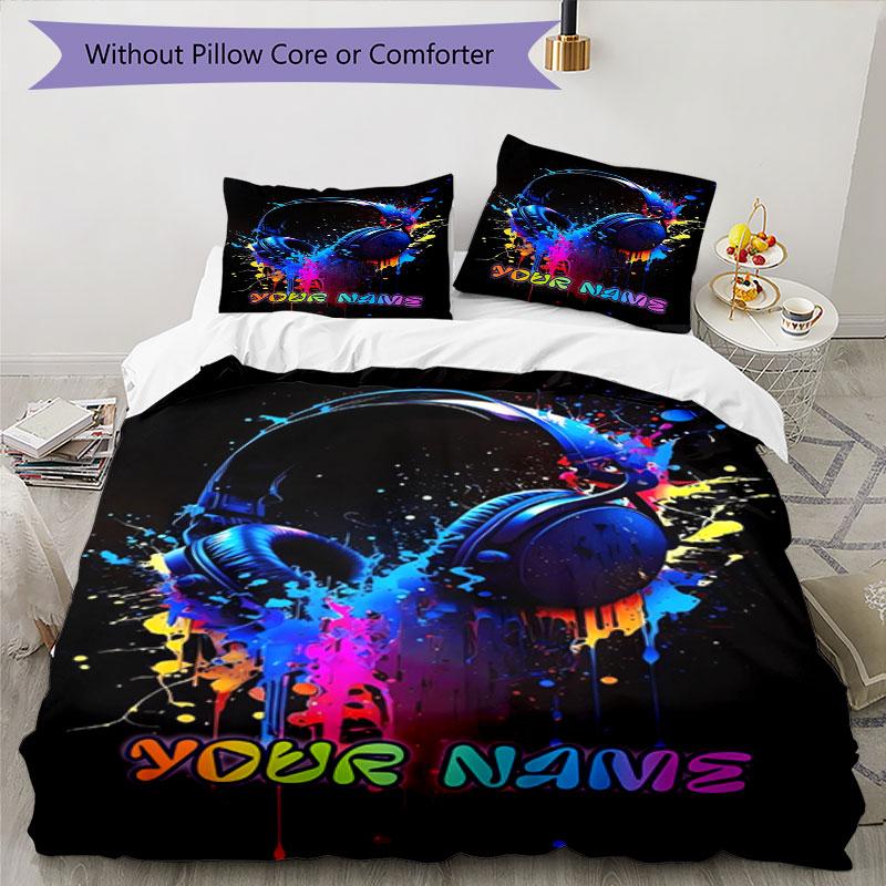 3pcs Custom Name Music Colorful Headphones Bedding Set Printed Bedding Set Duvet Cover Closure Includes 1 Duvet Cover & 2 Pillowcases Bedroom Decor
