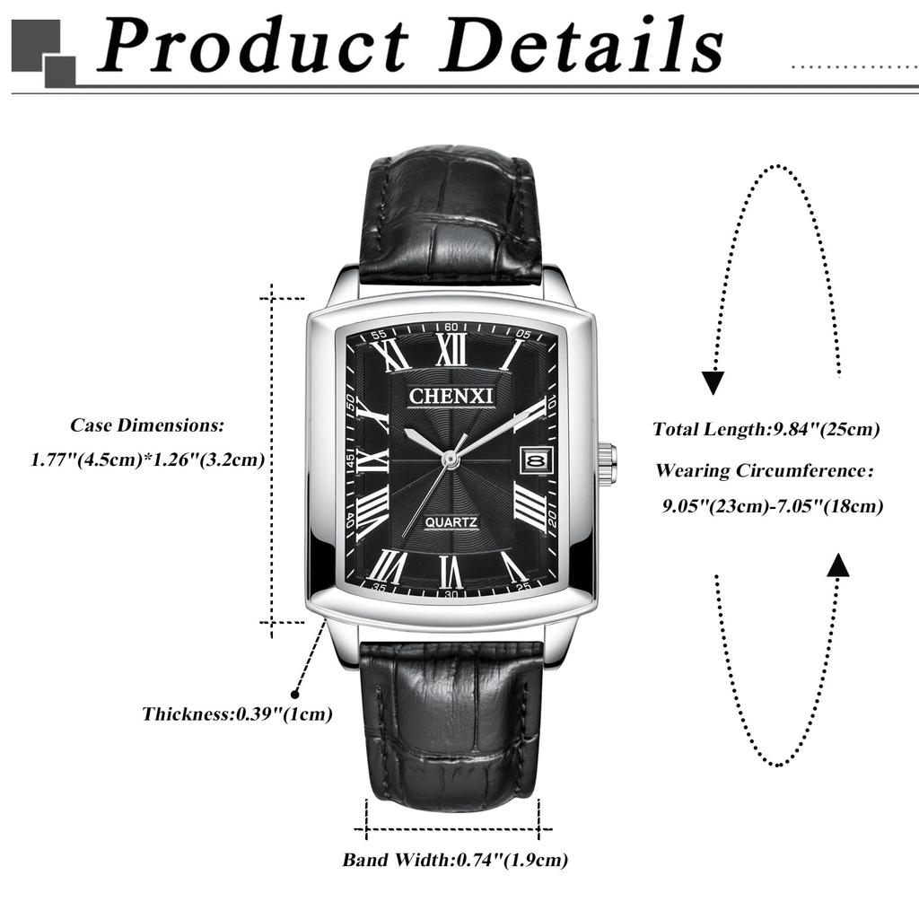 Watch Genuine Leather Strap Calendar Pair 3ATM Waterproof Roman Numeral Analog Display Square Simple Leather Belt Length Adjustable Quartz Couple