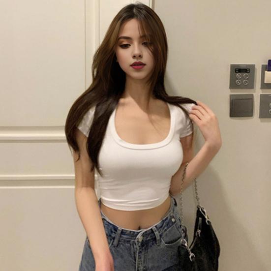 Женские укороченные топы, футболка с однотонным рукавом, эластичная футболка с U-образным вырезом, короткая цветная тонкая рубашка, короткая