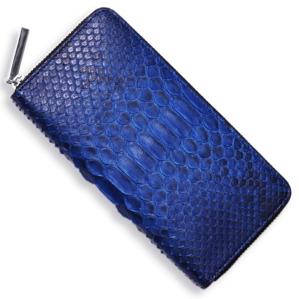 CLW Crocodile Leather Works Diamond Python Long Wallet with Round Zipper, Indigo Dye, Blue, Made In Japan, Men's Long Wallet, Brand Name, Gift