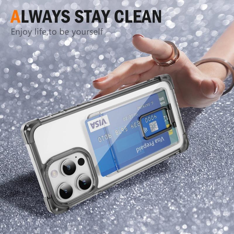 Shockproof Acrylic Card Slot Holder Clear Phone Case for iPhone 15 14 13 12 11 Pro Max 15Plus 14Plus Metal Kicstand Bumper Cover