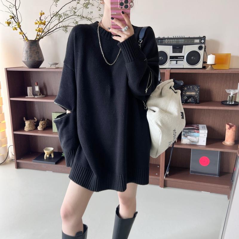 Loose Mid Length Niche Zipper Design Long Sleeved Woolen Sweater for Women Design Sense Niche Round Neck Pullover Sweater Top