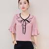 Plus Size Women's Short-sleeved Chiffon Shirt Women's Belly-covering Flared Sleeve Shirt Lotus Leaf Neckline Lotus Bow Knot Elegant Temperament