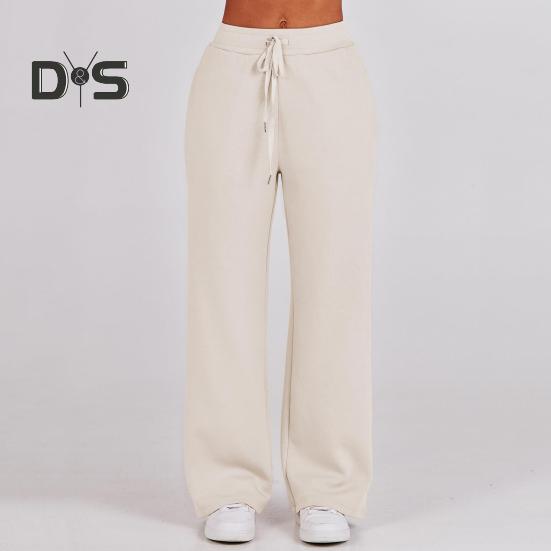 2 Pcs/Set Fall Winter Coat Trouser Suit Lapel Solid Color Thick Loose Solid Color Zipper Decor Long Sleeve Wide Leg Drawstring Elastic Waist Lady