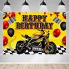 Motorcycle Happy Birthday Party Banner Backdrop Yellow Motocross Racing Checkered Extreme Sports Theme Decor for Riders Fans Boys Birthday Party Favor