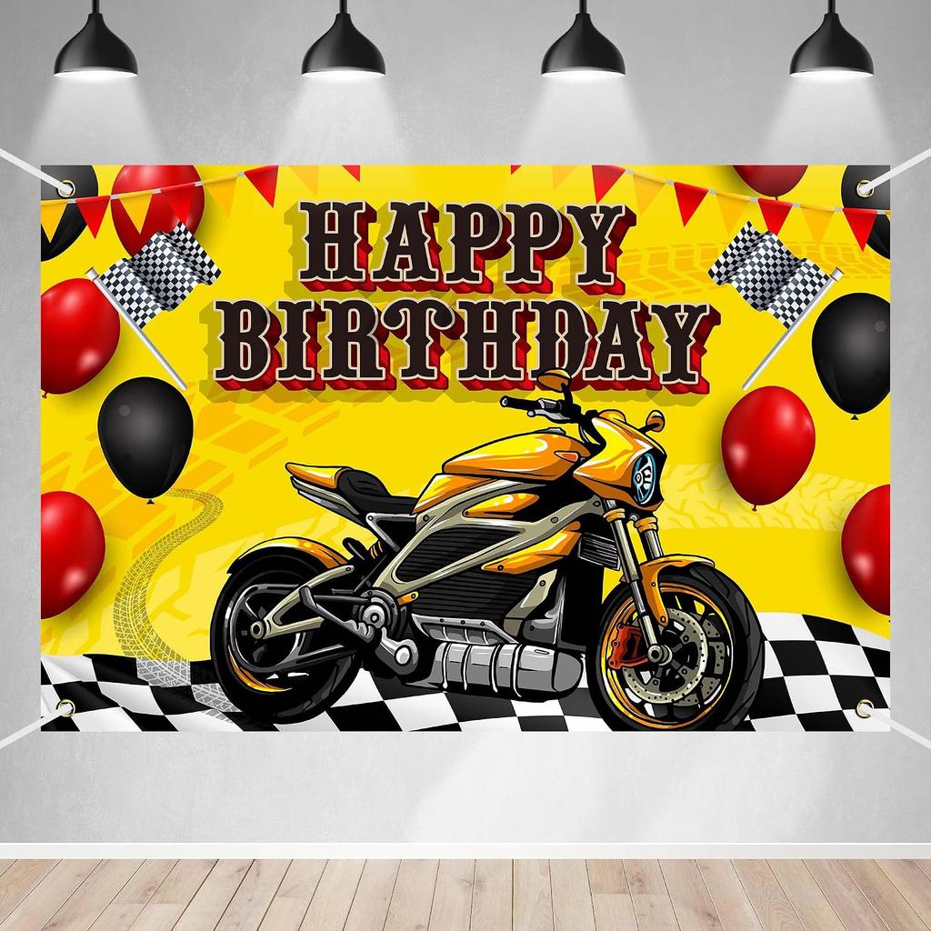 Motorcycle Happy Birthday Party Banner Backdrop Yellow Motocross Racing Checkered Extreme Sports Theme Decor for Riders Fans Boys Birthday Party Favor