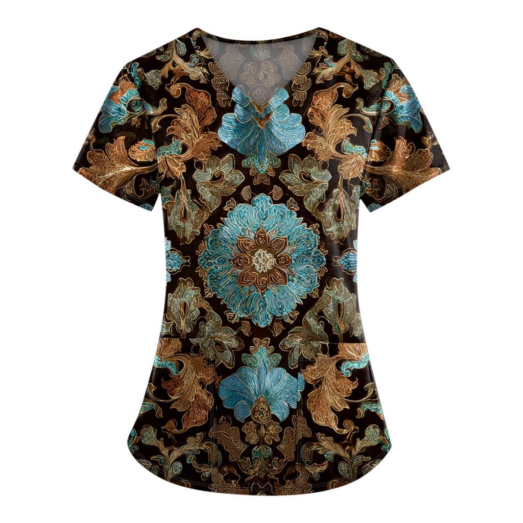 Plus Size Printed Scrub Working Uniform Tops For Women's V-Neck Print Short Sleeve Fun T-Shirts Workwear Tee With Pockets
