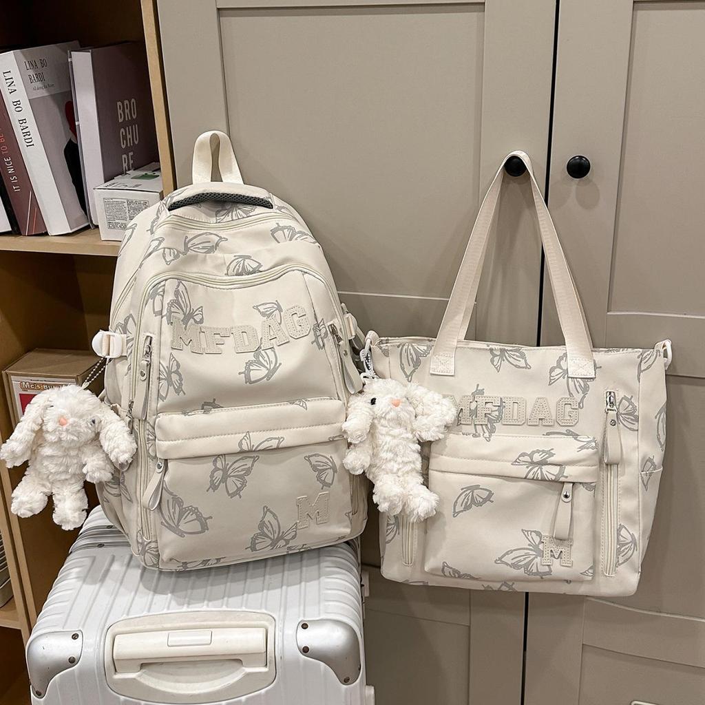 Butterfly Print Large Capacity Nylon Backpack for Junior High Students