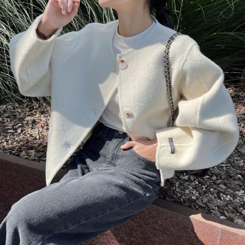 Корейский шик Осень Зима Французский круглый однобортный свободный повседневный универсальный шерстяной жакет с длинными рукавами для женщин