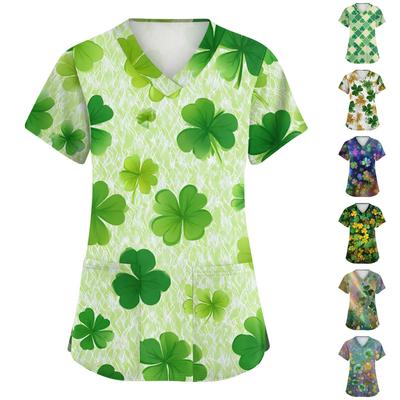 Женская мода с v-образным вырезом, короткими рукавами и карманами, топы с принтом