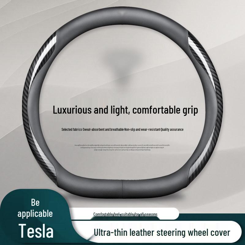 Genuine Leather Steering Wheel Cover for Tesla Model 3, Model Y, Model X - Universal Fit for All Seasons