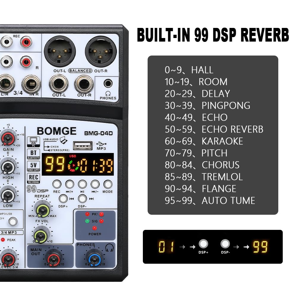 BOMGE 99DSP Эхо DJ Аудиомикшер 4-канальный USB Bluetooth Караоке Фантомное питание