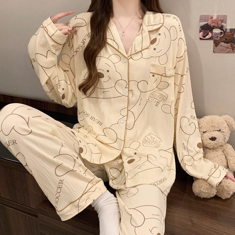 Korean Style Bow Womens Pajama Set Long Sleeve Woven Cotton Loungewear Home Sleep