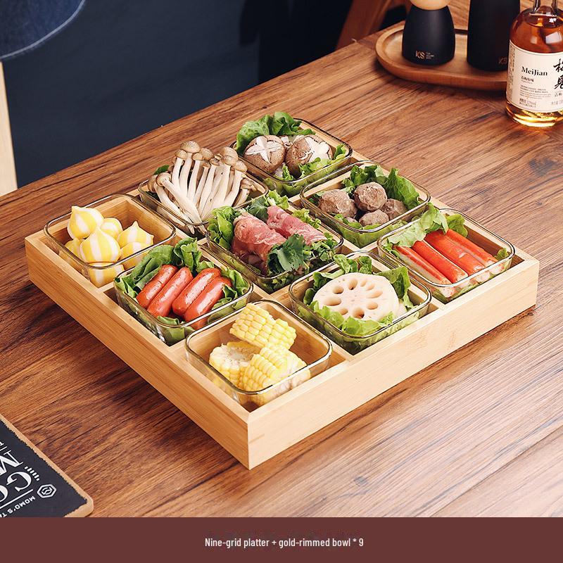 Поднос для закусок из бамбука в японском стиле: Девятирешетчатая жаровня и барбекю-тарелка с овощной тарелкой