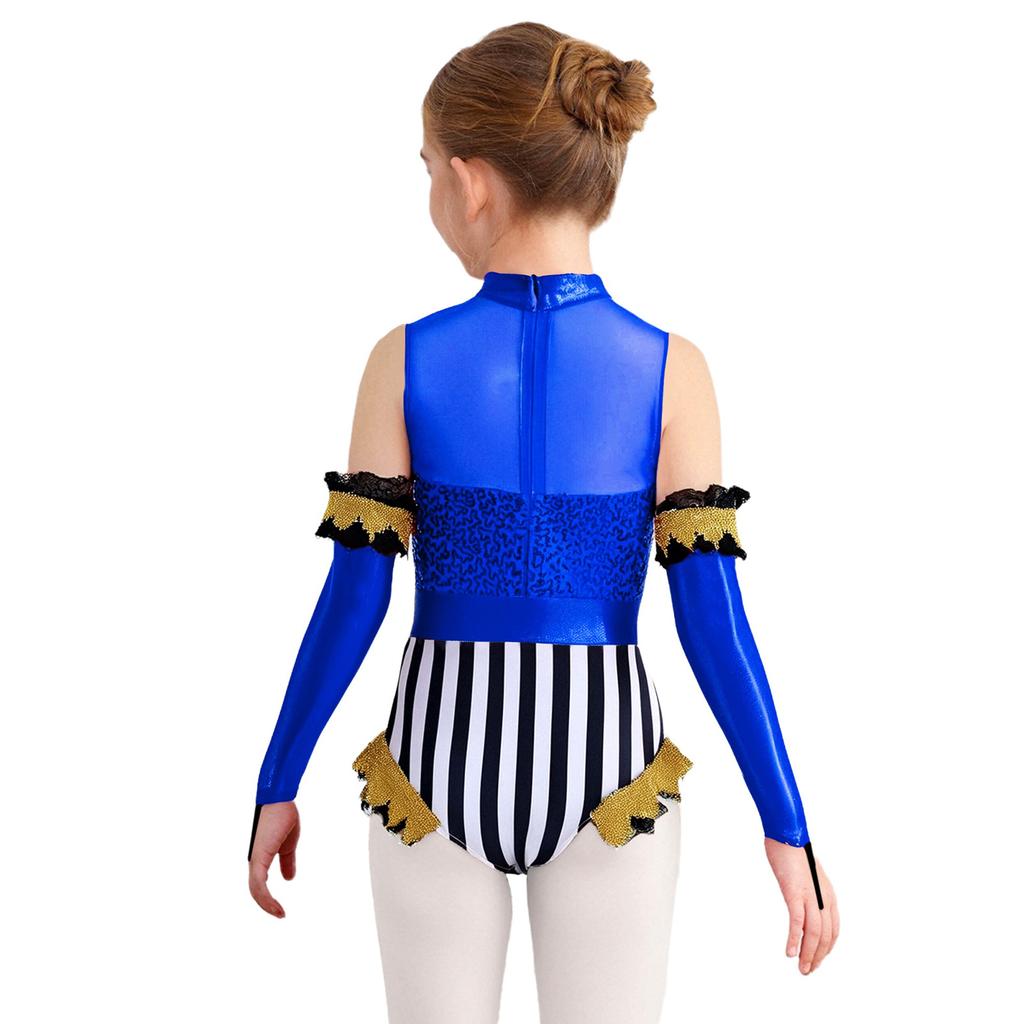 Girls Circus Costume Set Shiny Sequins Mock Neck Sleeveless Jumpsuit Matched Metallic Over Sleeve