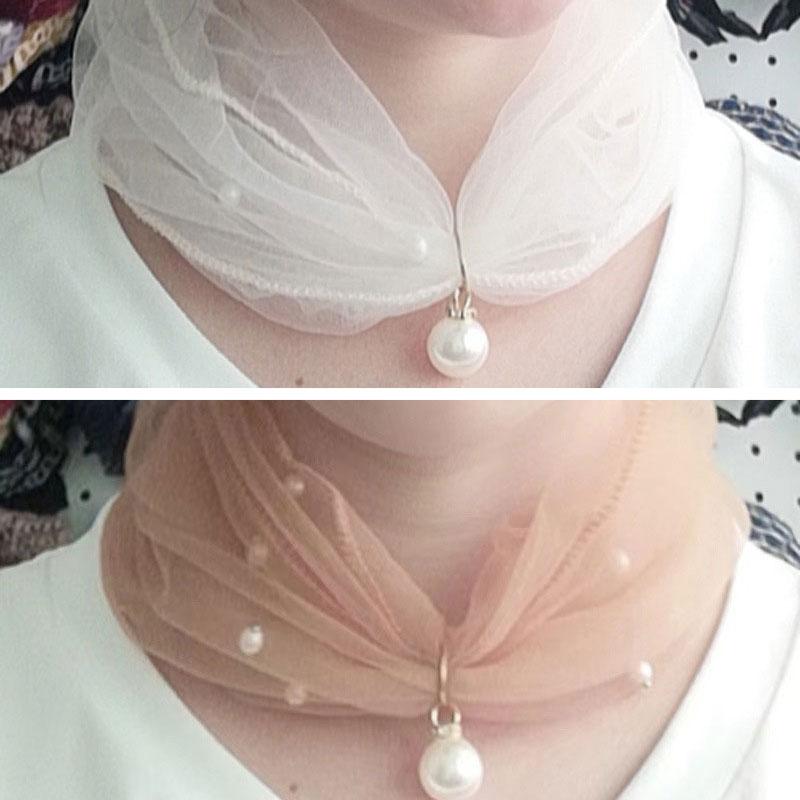 Женский шифоновый воротник с тонким воротником на шею, сетчатый шарф с искусственным жемчугом, маленький шелковый шарф с защитой от УФ-лучей