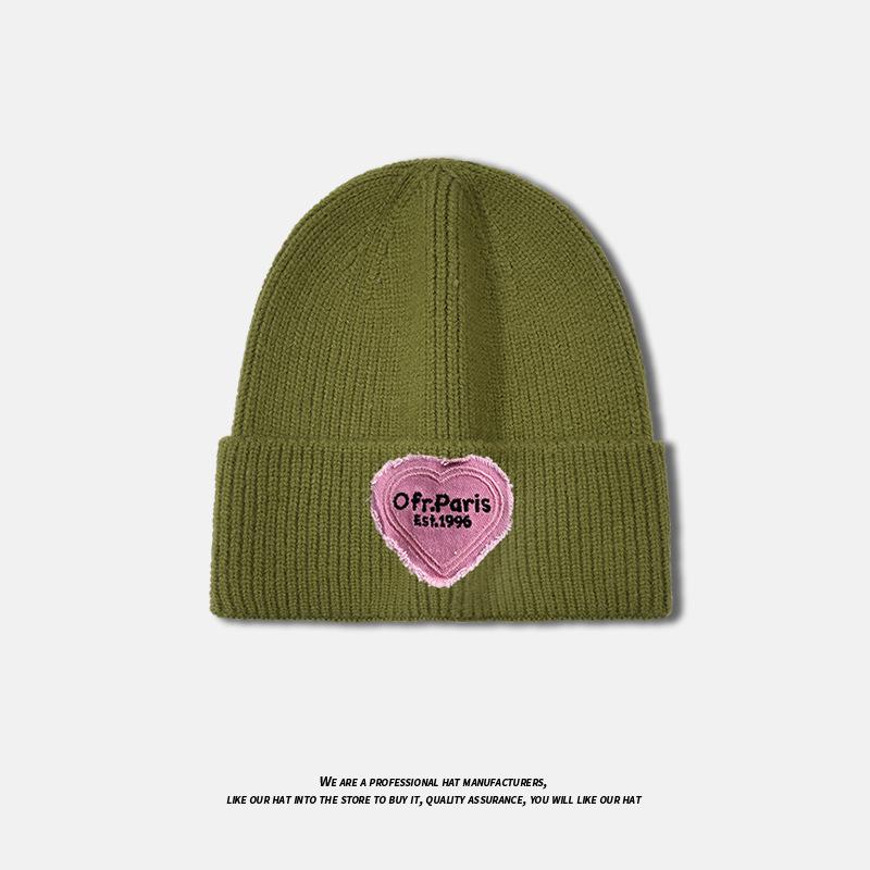 Love Patch Knitted Hat for Women in Autumn and Winter Versatile Fashionable Woolen Hat Large Head Circumference Warm Pullover Cold Hat