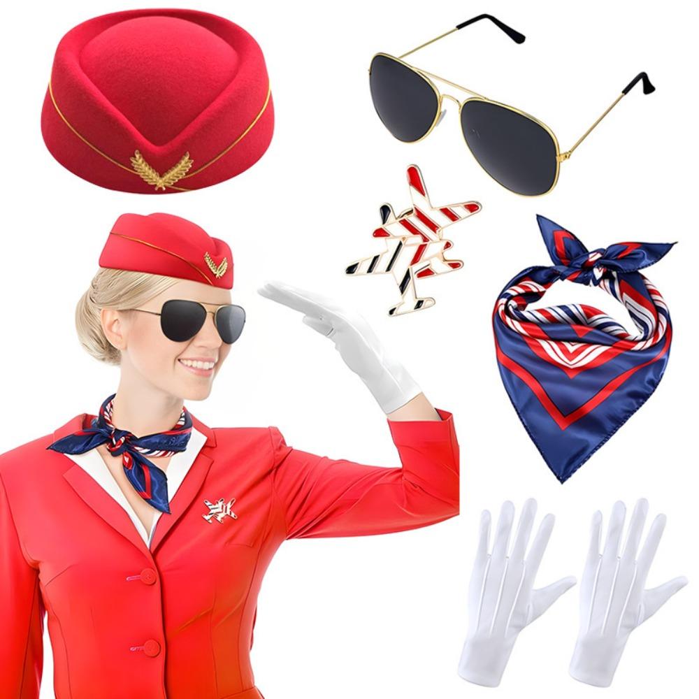 Gloves Scarf Women's Stewardess Costume Dress Up Flight Attendant Hat Stage Performance