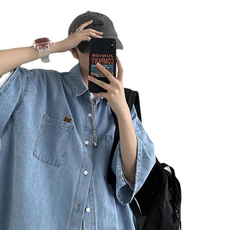 Men's Bear Embroidered Short-Sleeve Denim Shirt - Trendy, Lightweight Summer Jacket