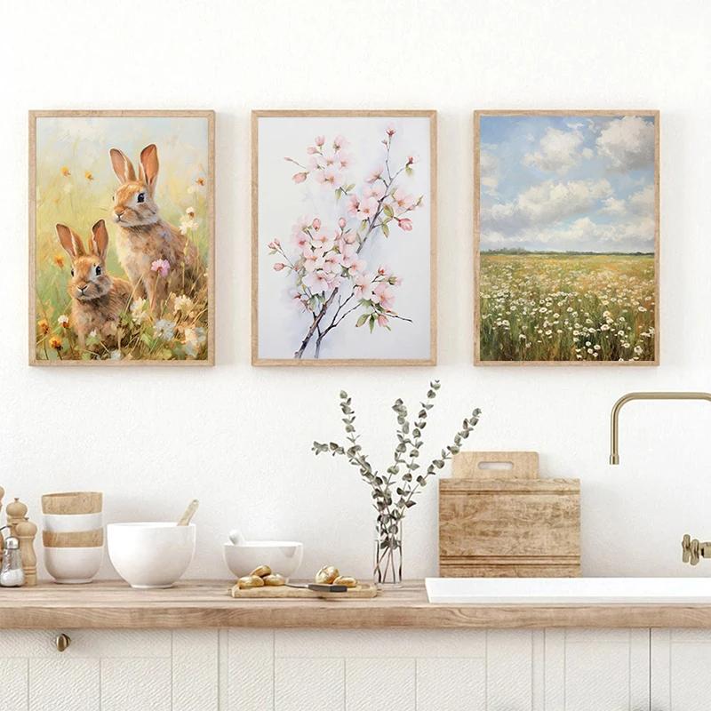 Весенний и Пасхальный Постер Весеннее Поле Диких Цветов Семейство Кроликов Город Город Пасхальный Кролик Холст Живопись Настенное Искусство Картина Домашний Декор