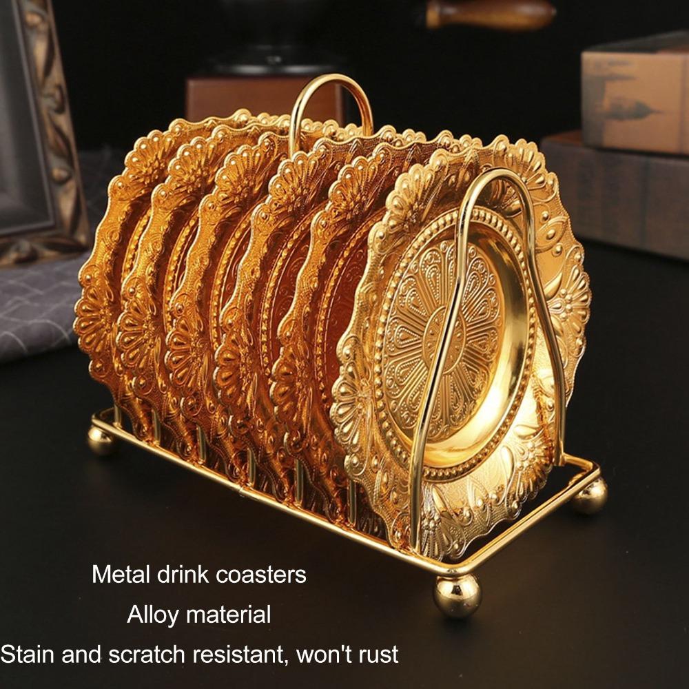 7PCS Gold Metal Coasters Set European Coasters with Holder Metal Table Coasters For Banquets