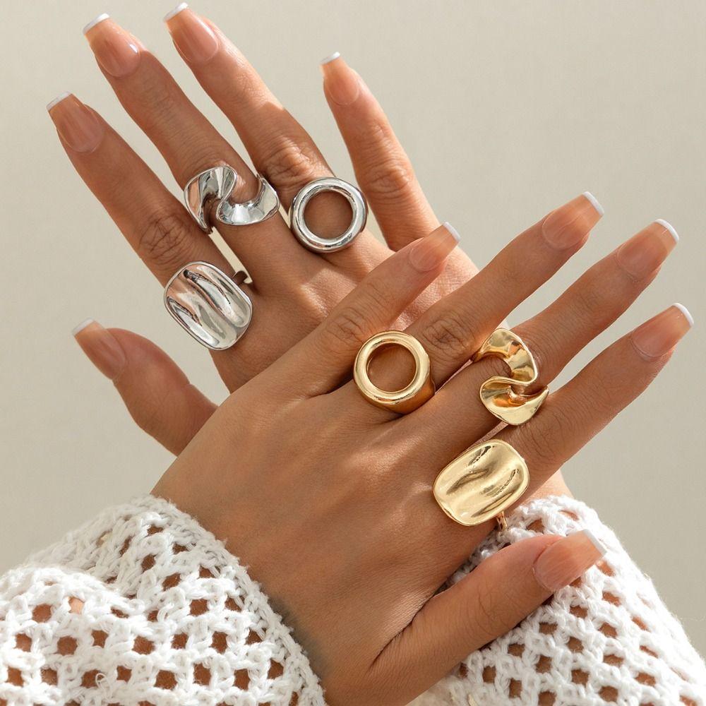 3pcs/set Personality Irregular Open Ring Retro Knuckle Joint Ring Unique Hollow Square Ring Women