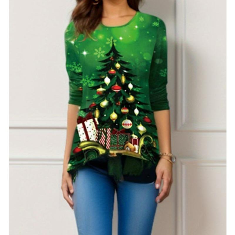 Женская мода повседневная весна осень рождественская принт длинный рукав блузки и рубашки с круглым вырезом